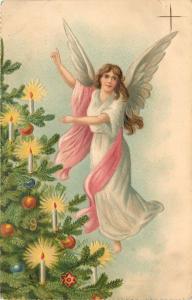 Embossed Chromograph Christmas Postcard Flying Angel Pink Shawl Candle-lit Tree