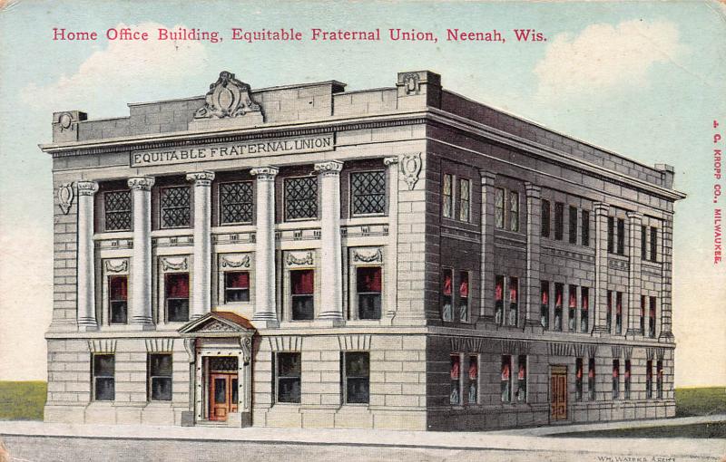 Home Office Bldg., Equitable Fraternal Union, Neenah, WI, Early Postcard, Used