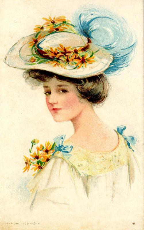 Fashion - Lady With White Hat, Blue Plume, Flowers