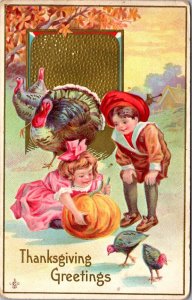 Thanksgiving Postcard Children with Pumpkin, Adult and Baby Turkey's