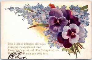 VINTAGE POSTCARD VIOLET FLOWERS HERE I AM IN HILLIARDS, MICHIGAN RARE US TOWN