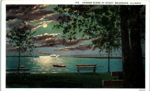 1920s Harbor Scene at Night Waukegan Illinois Postcard