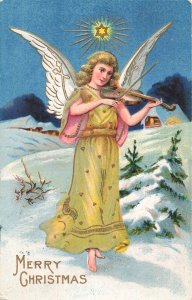 MERRY CHRISTMAS~ANGELS PLAY VIOLIN & HARP FOR BABY JESUS N MANGER-ITALY POSTCARD