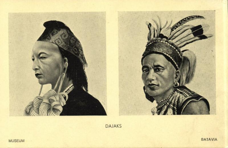 indonesia, BORNEO, Native Dayak Dajak Types (1930s) Batavia Museum Postcard (1)