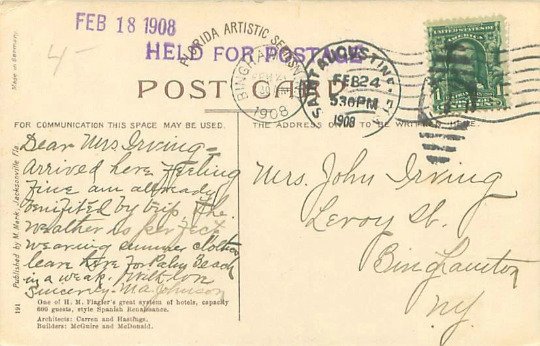 1908 St. Augustine, Florida Postcard, Ponce de Leon Bird's Eye View, Horse