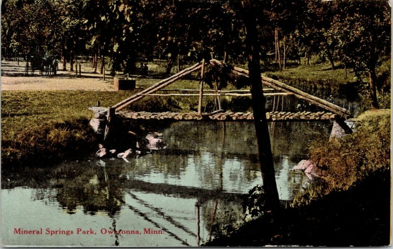 Owatonna Minnesota~Mineral Springs Park~Rustic Log Footbridge~1911 Postcard 