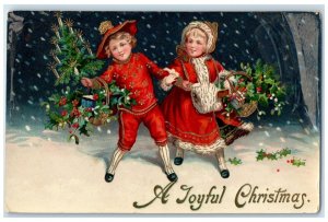 c1910's Christmas Children Holly Berries In Basket Gel Gold Gilt Posted Postcard