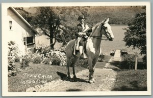 LAKE GEORGE NY TOWN CRIER HORSEMAN VINTAGE REAL PHOTO POSTCARD RPPC