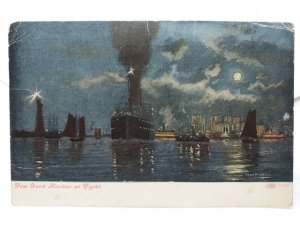 Old Steamship Sails out of New York Harbor at Night Vintage Postcard 1908 USA