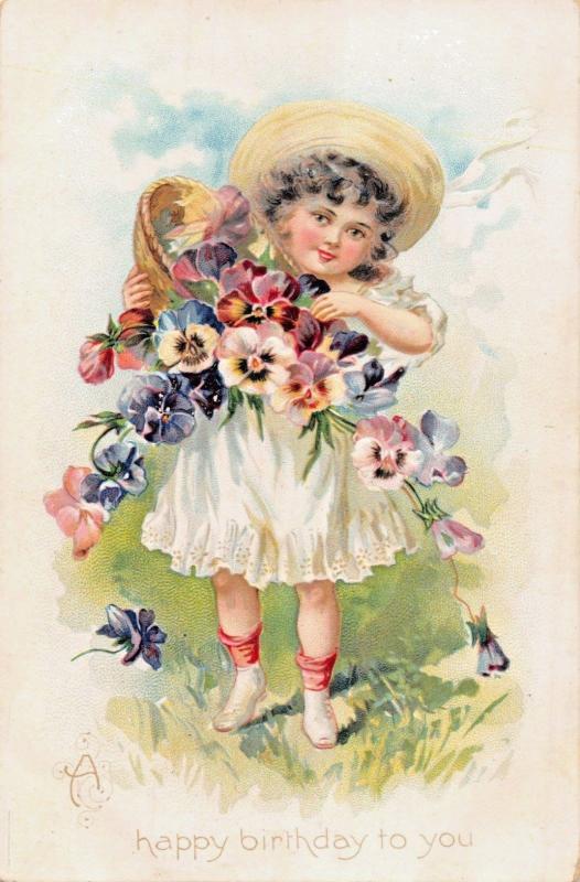 BIRTHDAY GREETINGS 1910s EMBOSSED POSTCARD YOUNG GIRL-FLOWERS-TUCK SERIES