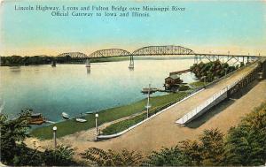 c1920 Postcard; Lincoln Highway, Lyons & Fulton Bridge Mississippi River IA / IL