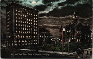 City Hall Union Bank Winnipeg MB Manitoba Evening Night Moon c1908 Postcard D73