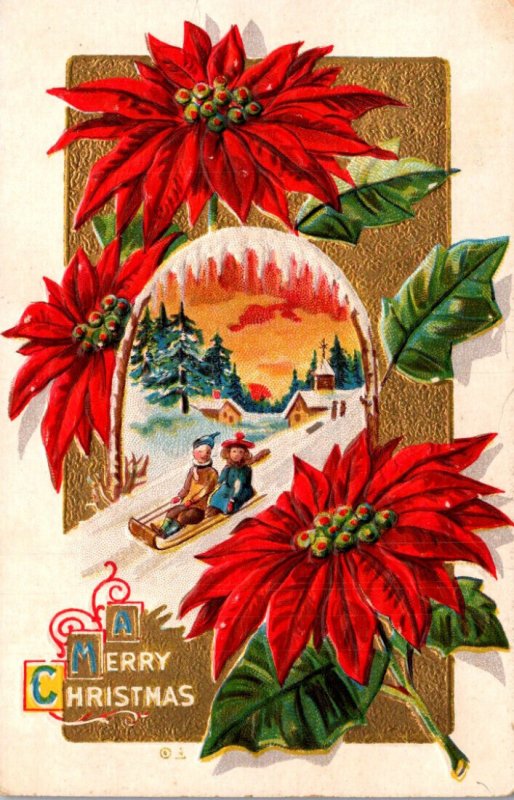 Christmas With Poinsettia and Children On Sled