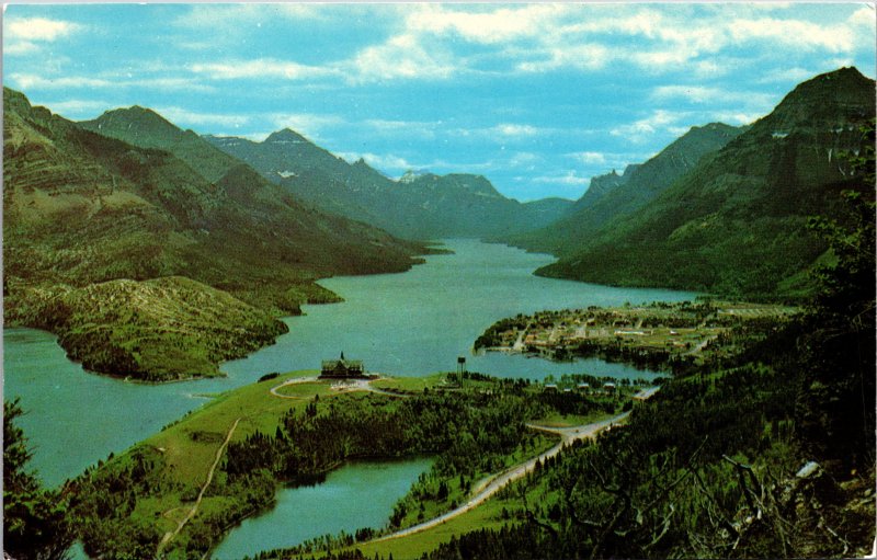 Waterton Lakes Alberta Canada Aerial View Postcard unused 1960s