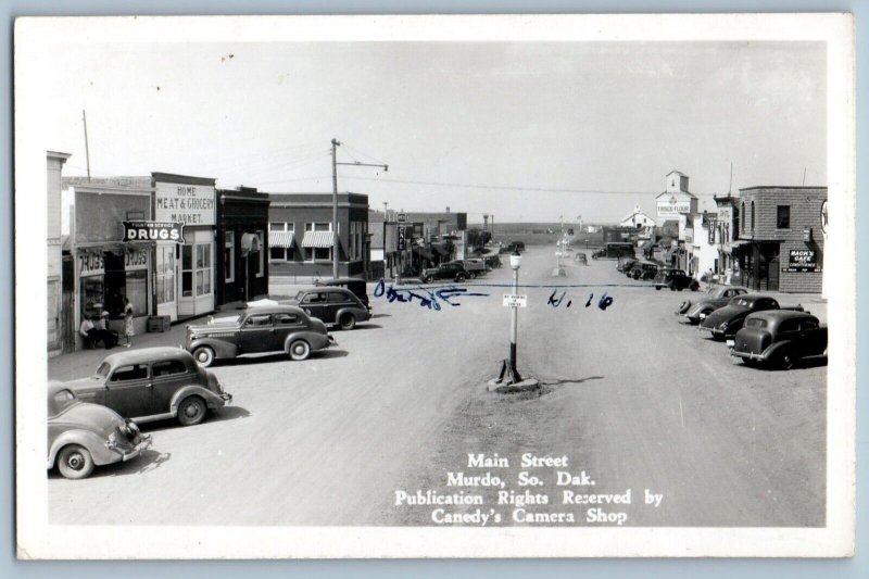 Murdo South Dakota SD Postcard RPPC Photo Main Street Drug Store Cafe Cars c1940