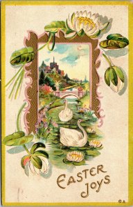 Vtg 1910s Easter Joys Gold Gilt Lilies Swans Embossed Greetings Postcard