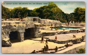 San Antonio Texas~Monkey Island Enclosure Scene @ The Zoo~Vintage Linen Postcard