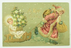 C.1900-10 Gilt Santa Claus Sled Angel Tree Germany Vintage Postcard F56 