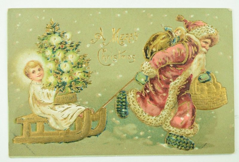 C.1900-10 Gilt Santa Claus Sled Angel Tree Germany Vintage Postcard F56 