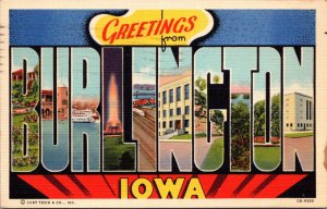 Iowa Greetings From Burlington Large Letter Linen 1949 Curteich
