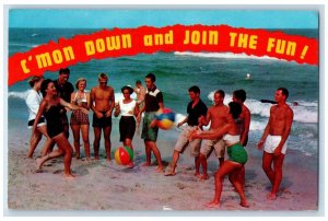 1954 C'mon Down Join The Fun Boys Girls Volleyball Beach Wildwood NJ Postcard 