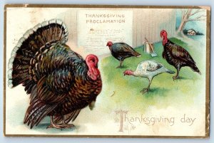 1908 Thanksgiving Proclamation Turkeys Hatchet Embossed Tuck Antique Postcard