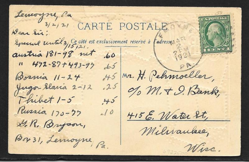 FRANCE Stamps on Postcard Embossed Shield Used c1921