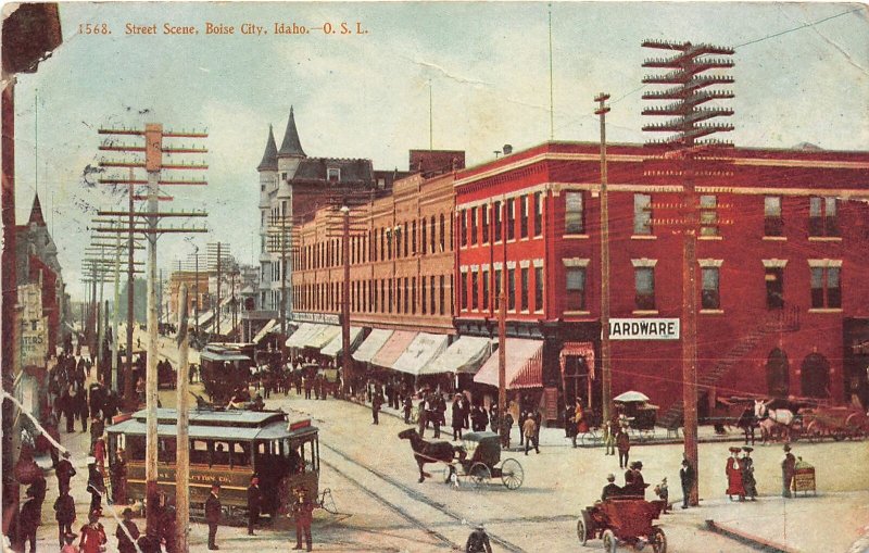 F72/ Boise City Idaho Postcard 1908 Street Scnee Trolley Stores