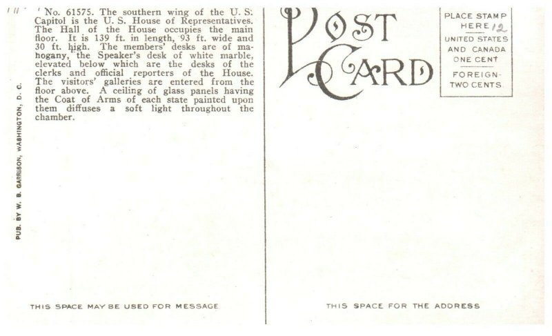 1910's Hall Of The House Of Representatives Washington DC PC2026