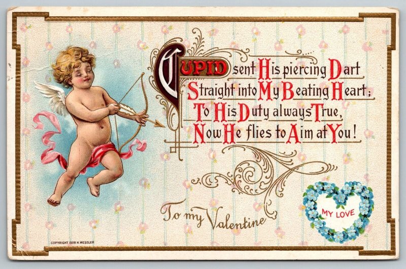 Valentine~Cupid Aims Arrow~Blue Flower Heart~Gold Emb~H Wessler~Vintage PC