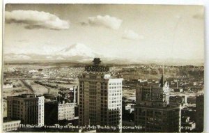 1940s RPPC Tacoma Washington Postcard Mount Rainier Mobil Gas Building Downtown