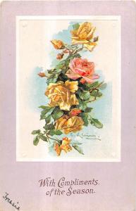 Yellow & Pink Flowers With Season Greeting Signed Klein Antique Postcard V9778