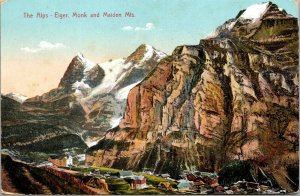 Vtg Bernese Alps Eiger Monch & Jungfrau Maiden Mountains Switzerland Postcard
