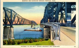 1940s Memphis and Harrahan Bridges Memphis Tennessee Postcard