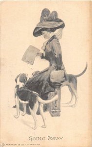 GOING AWAY WOMAN LUGGAGE MAP HAT DOG ILLINOIS TO CALIFORNIA POSTCARD 1911