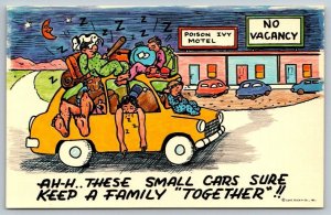 Vintage Cartoon Humor Postcard - Small Cars Keep The Family Together