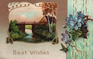 Vintage Postcard Best Wishes Greetings Card Stream Bridge Countryside Flowers