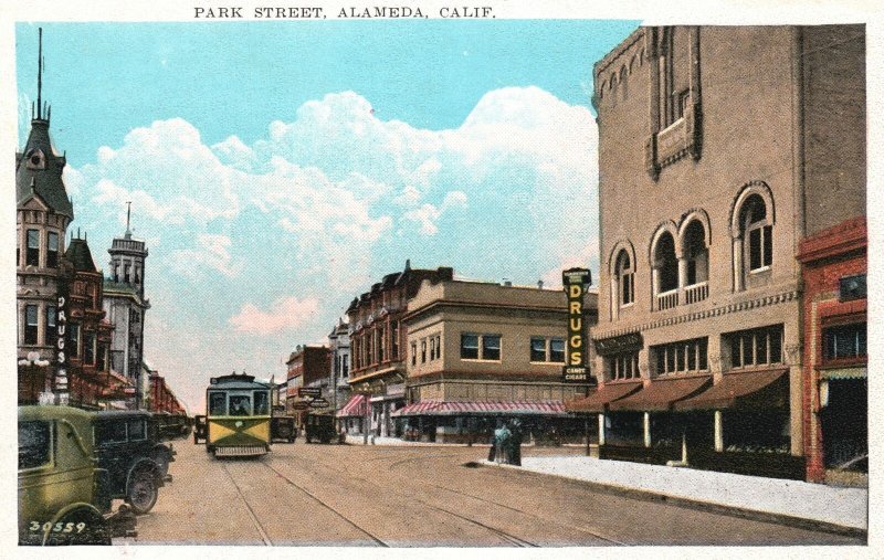 Vintage Postcard 1920's Park Main Street Alameda California Buildings Road Car