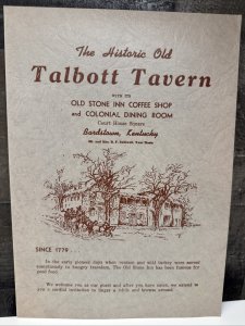 Vintage 50s OLD TALBOTT TAVERN Restaurant Menu BARDSTOWN Kentucky