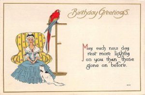 BIRTHDAY GREETINGS Woman Cat Parrot 1912 Bergman Embossed Vintage Postcard