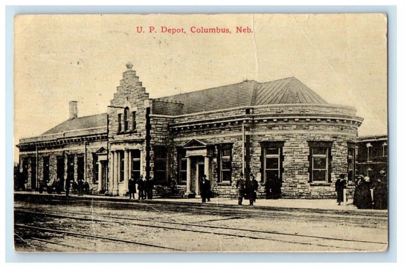 1913 U. P. Depot Station Railroad Train Columbus Nebraska NE Antique Postcard 