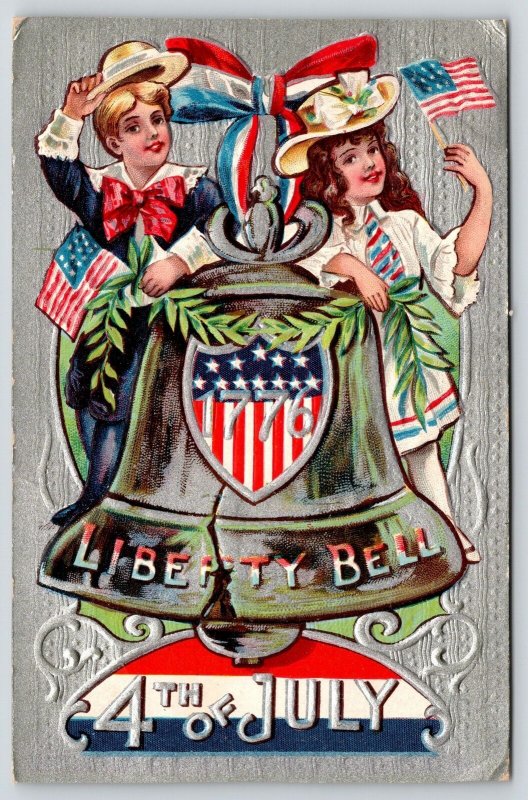 Patriotic 4th of July~Victorian Children on Liberty Bell~Silver Back Emboss~NASH 