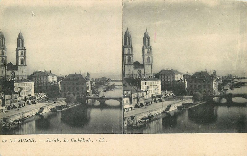 Postcard Stereographic image Switzerland Suisse Zurich Cathedrale