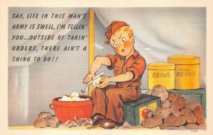 SOLDIER PEELING POTATOES BEANS COMIC MILITARY PATRIOTIC POSTCARD (1940s)