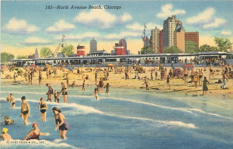 Postcard 1930s Illinois Chicago North Avenue Beach people Teich 24-5587