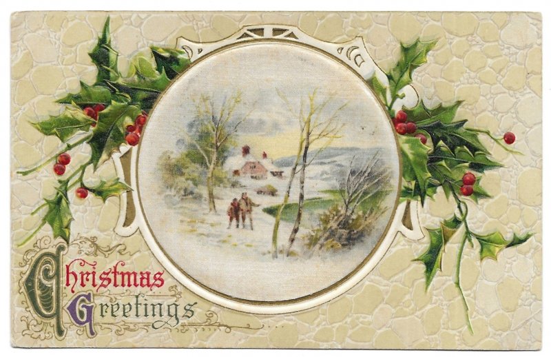 Christmas Greetings Embossed Postcard, Mailed 1912, Silk Center, Expo Cancel