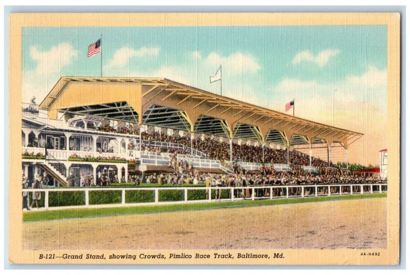 c1940s Grand Stand Showing Crowds Pimlico Race Track Baltimore Maryland Postcard 