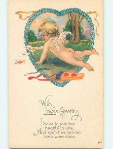 Unused Divided-Back valentine CUPID LAYS OUT VALENTINE CARDS r4002