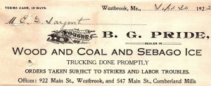 1922 WESTBROOK ME B G PRIDE DEALER WOOD COAL SEBAGO ICE BILLHEAD INVOICE Z1152