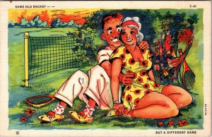 Risque Comic Ray Walters Tennis Racket Vintage Postcard PM Riverside CA JH11